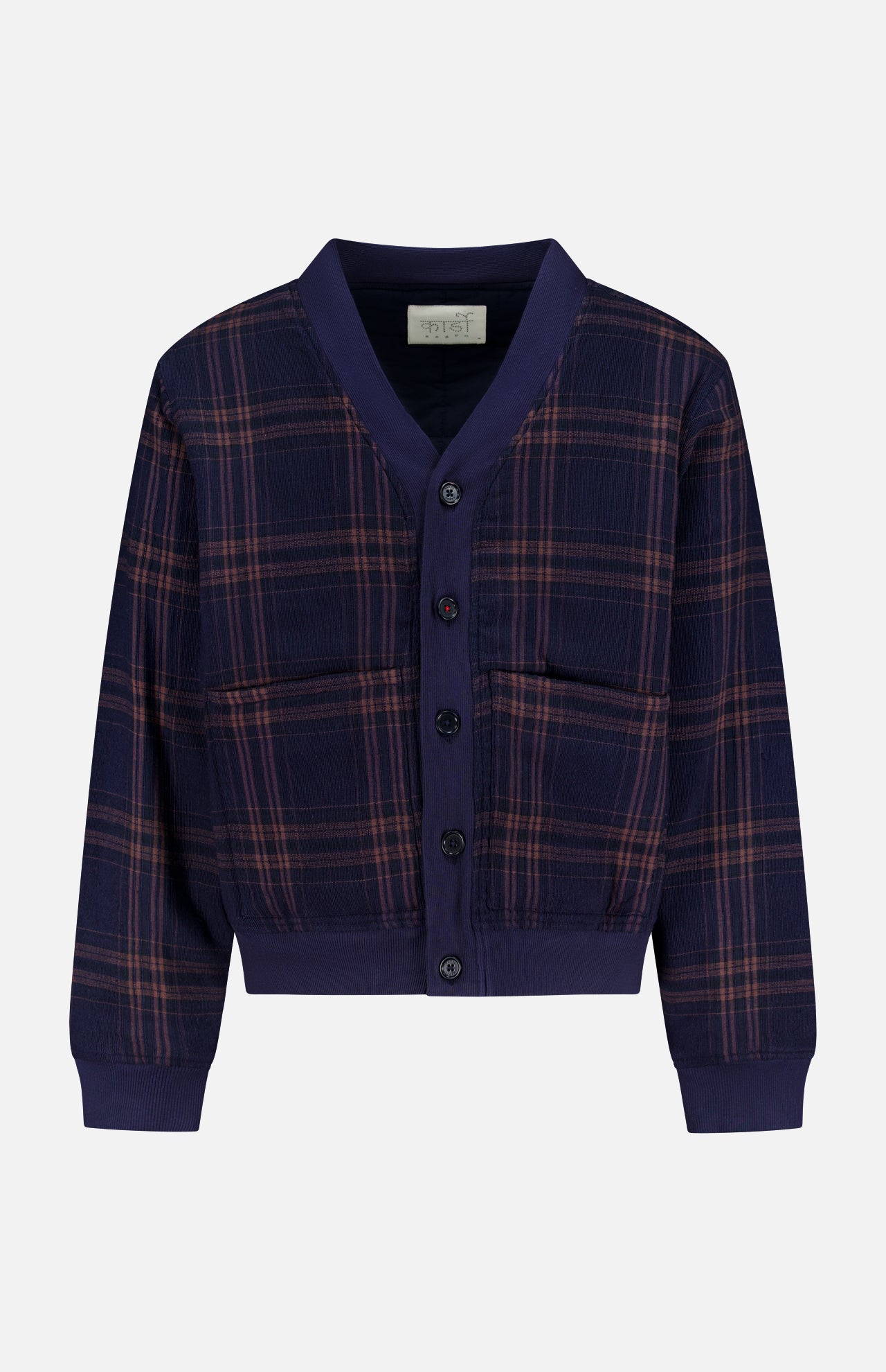 The Janesh Quilted Plaid Cardigan by KARDO features a navy blue and burgundy plaid design with a V-neckline, black buttons, two front pockets, and ribbed cuffs and hem—blending timeless style with exceptional comfort for men.