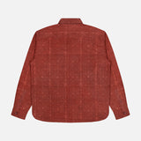 The Luis Oversized Long Sleeve Shirt by KARDO, featuring an intricate red and brown geometric pattern, is shown from the back against a plain white background.
