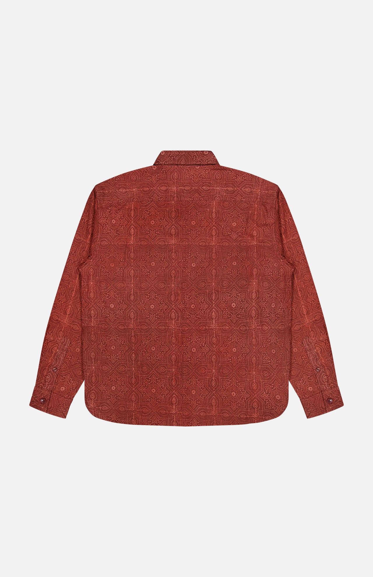 The Luis Oversized Long Sleeve Shirt by KARDO, featuring an intricate red and brown geometric pattern, is shown from the back against a plain white background.