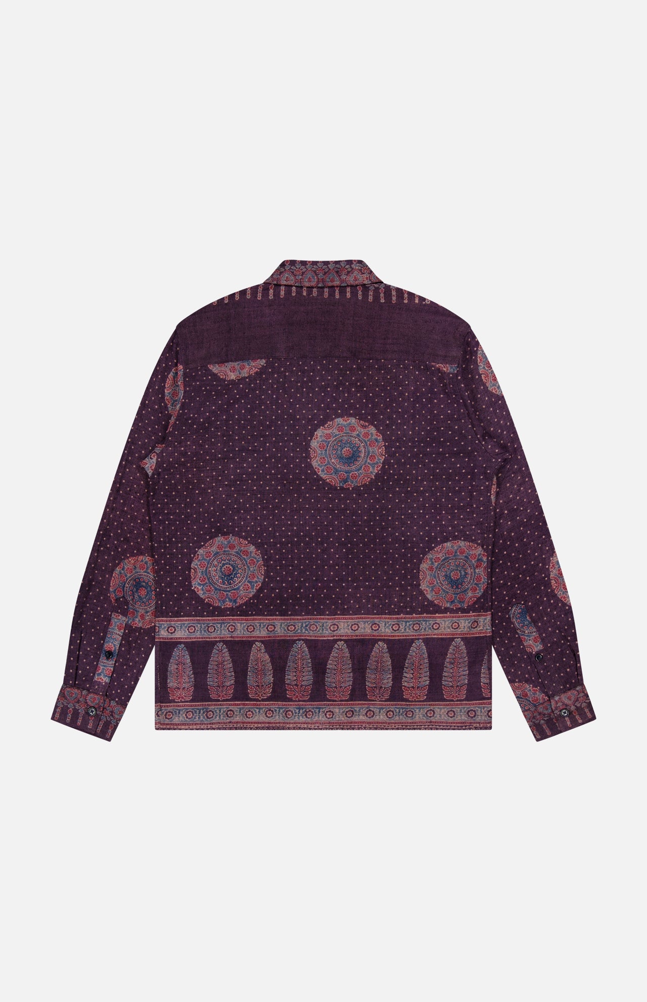 The Martin Relaxed Fit Long Sleeve Shirt by KARDO is a printed, relaxed-fit button-up featuring a purple base decorated with intricate circular and geometric patterns in shades of red, blue, and pink. Shown flat with the back facing up, this shirt seamlessly blends comfort with standout style.