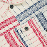 Close-up of the KARDO Marvin Cotton Overshirt featuring textured fabric with red and blue stripes, metal buttons, and visible stitching—ideal for Memorial Day layering.