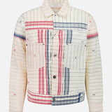 The KARDO Marvin Cotton Overshirt features long sleeves, a collar, two chest pockets, and a red, white, blue, and navy patchwork design on an off-white base—ideal for a standout Memorial Day look.