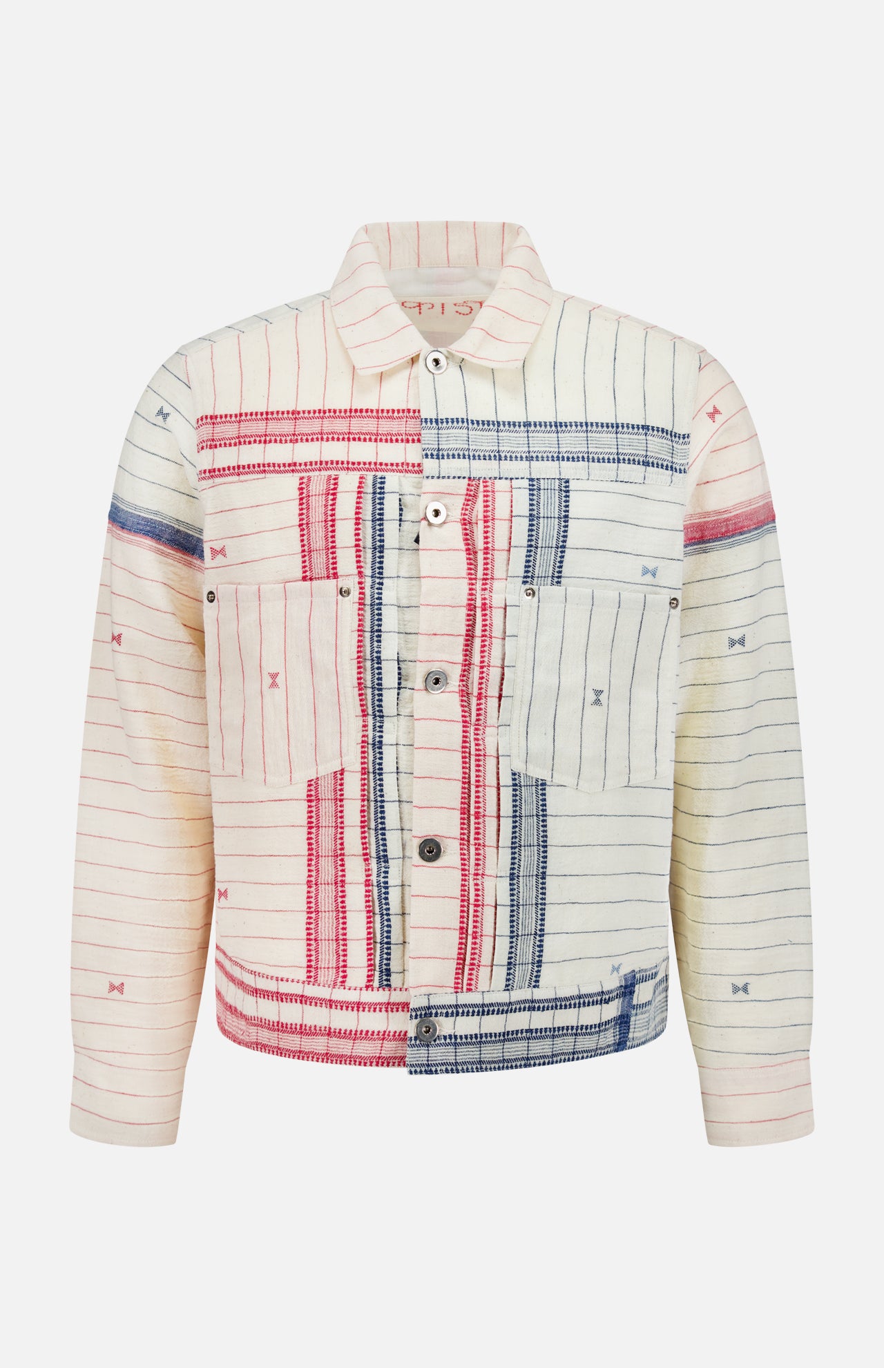 The KARDO Marvin Cotton Overshirt features long sleeves, a collar, two chest pockets, and a red, white, blue, and navy patchwork design on an off-white base—ideal for a standout Memorial Day look.