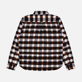 The KARDO “Ronald Checkered Long Sleeve Shirt” is featured from the back against a plain white background, showcasing its bold black, white, and brown plaid pattern. This long-sleeve flannel shirt is crafted from 100% cotton for comfort and durability.