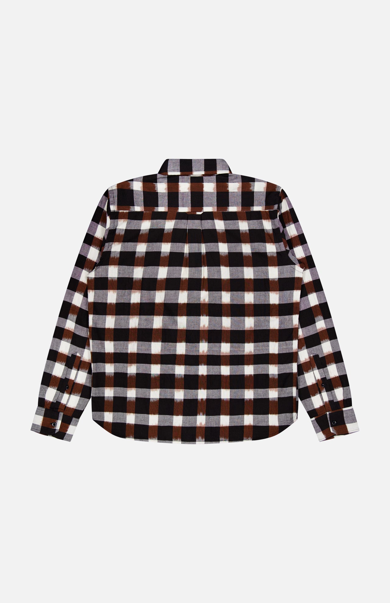 The KARDO “Ronald Checkered Long Sleeve Shirt” is featured from the back against a plain white background, showcasing its bold black, white, and brown plaid pattern. This long-sleeve flannel shirt is crafted from 100% cotton for comfort and durability.