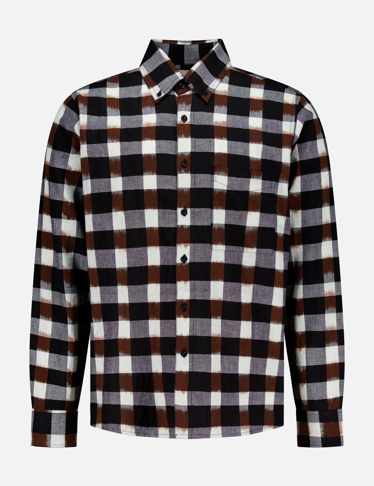 The KARDO Ronald Checkered Long Sleeve Shirt features a large plaid pattern in black, brown, and white. Made from 100% cotton, this button-up shirt includes a classic collar and buttoned cuffs, shown against a plain white background.
