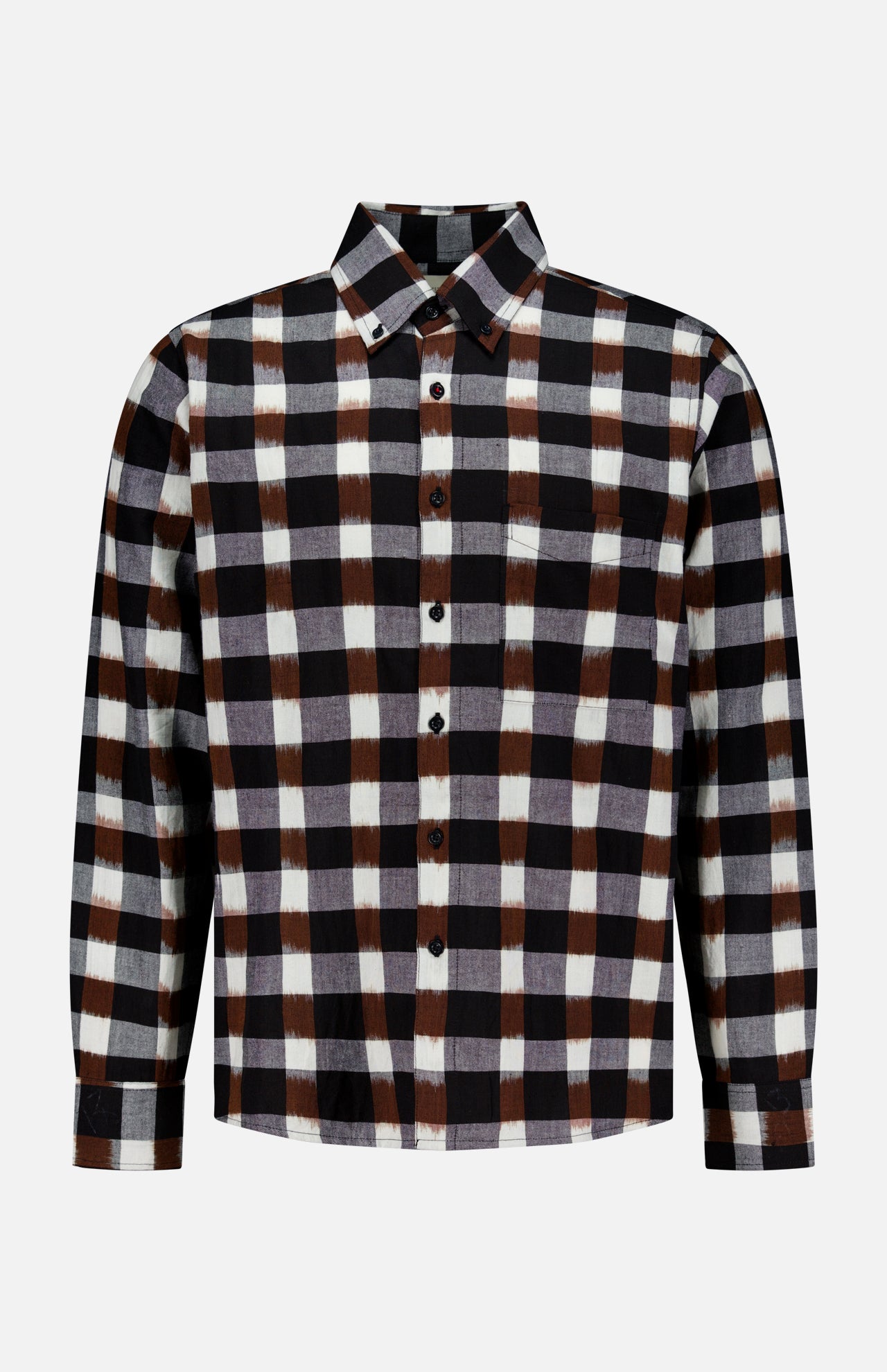 The KARDO Ronald Checkered Long Sleeve Shirt features a large plaid pattern in black, brown, and white. Made from 100% cotton, this button-up shirt includes a classic collar and buttoned cuffs, shown against a plain white background.