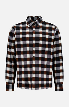 The KARDO Ronald Checkered Long Sleeve Shirt features a large plaid pattern in black, brown, and white. Made from 100% cotton, this button-up shirt includes a classic collar and buttoned cuffs, shown against a plain white background.
