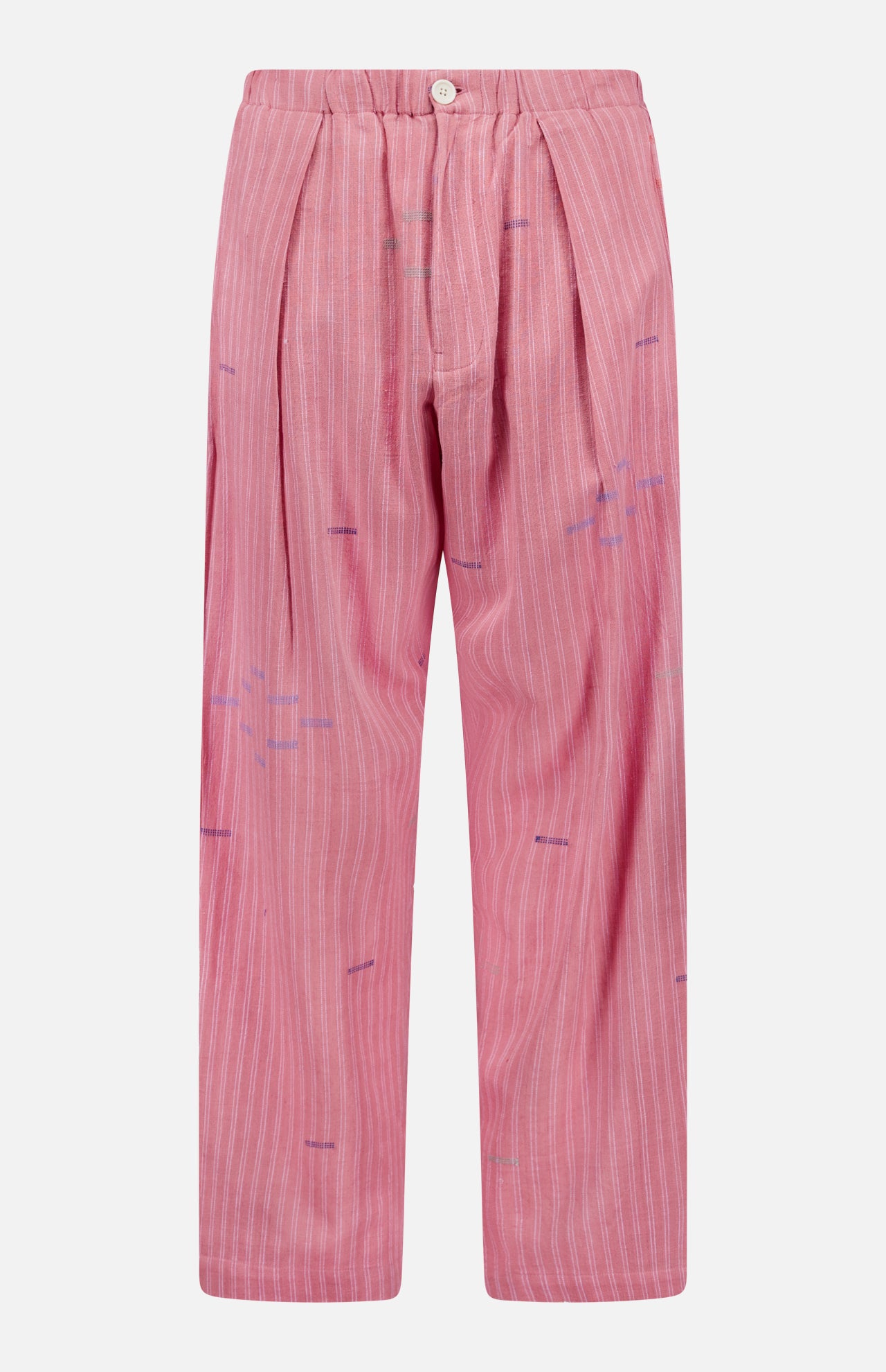 The KARDO Taka Striped Trouser Pants are relaxed-fit, high-waisted cotton pants with front pleats, button closure, subtle white stripes, and purple embroidered accents.