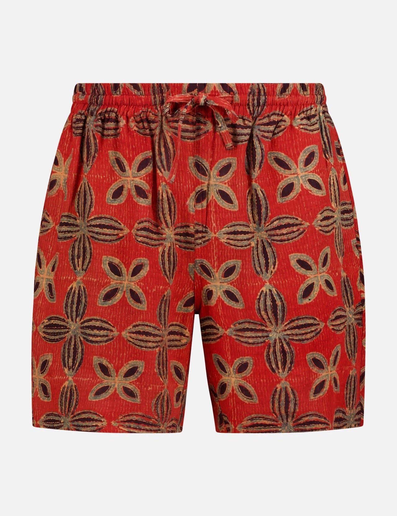 The Olbia Silk Shorts by KARDO feature a bold brown and beige floral pattern on red Matka silk, with an elastic waistband, drawstring, and a textured finish inspired by hand block printing.