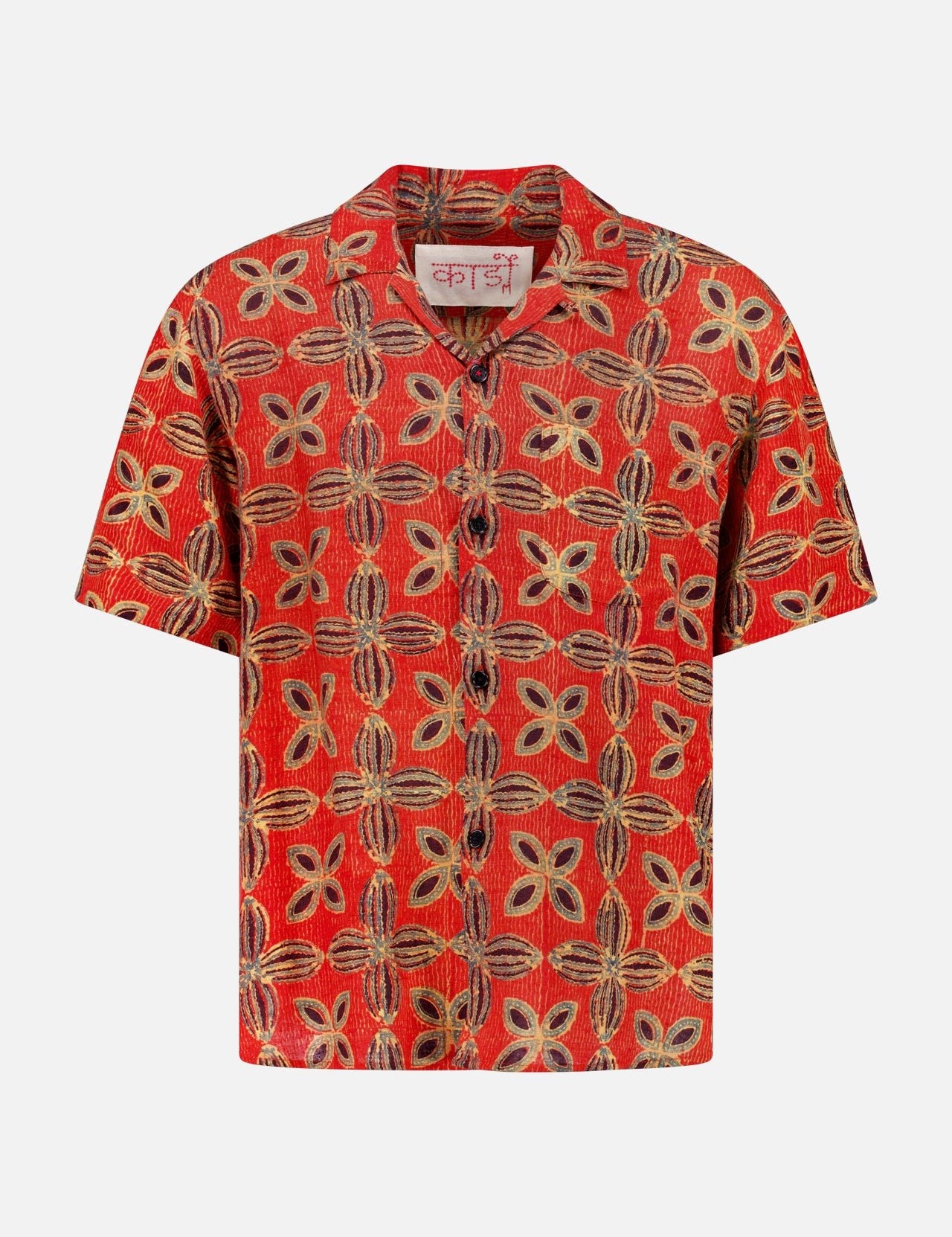 The KARDO Ronon Short Sleeve Silk Shirt features a vibrant red Matka silk fabric with an abstract floral print in yellow, beige, and brown. It has a notched collar, button-up front, and relaxed fit.