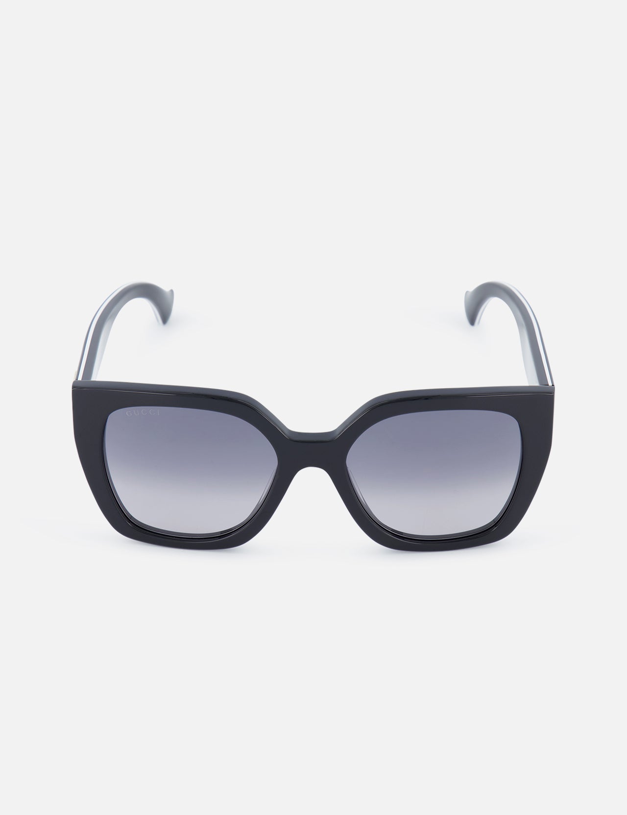 Front view of GUCCI Oversized Square Black Sunglasses, featuring thick black frames and gradient lenses, set against a plain white background.