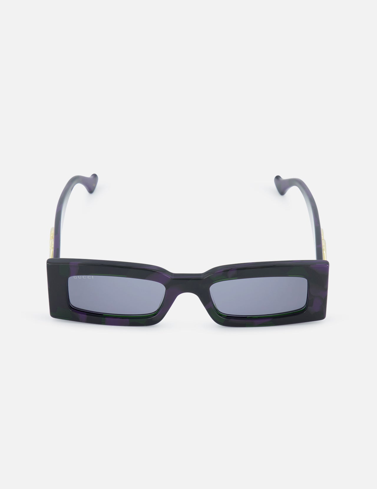 The GUCCI Rectangle Dark Purple Sunglasses feature thick acetate frames and lightly tinted lenses, shown from the front against a white background.