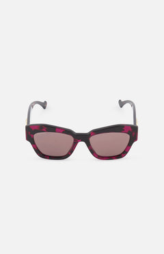 The GUCCI Square Black and Fuchsia Sunglasses feature thick marbled frames with tinted lenses and slightly angled edges, shown against a white background.