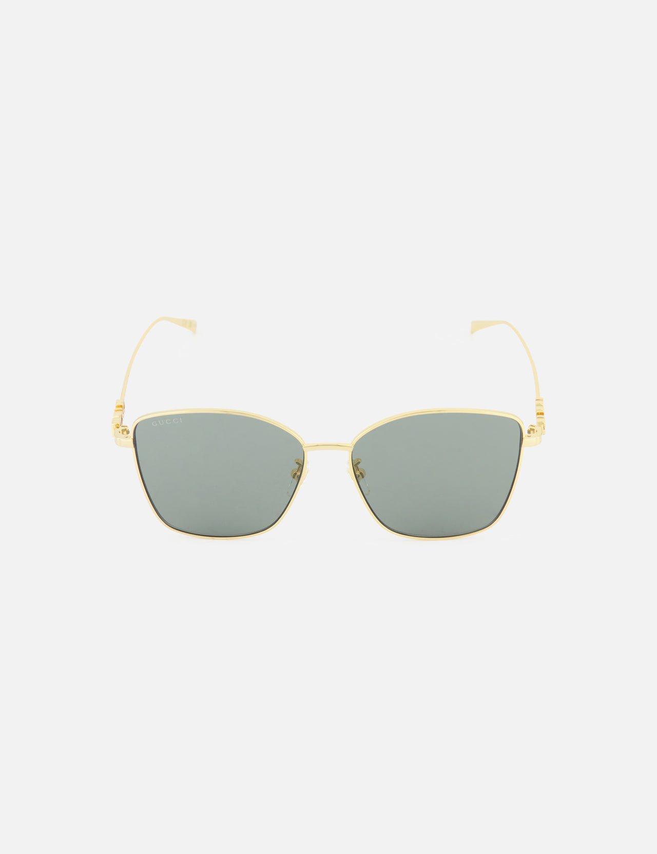 GUCCI Sunglasses with round gold-tone metal frames and gray-tinted lenses.