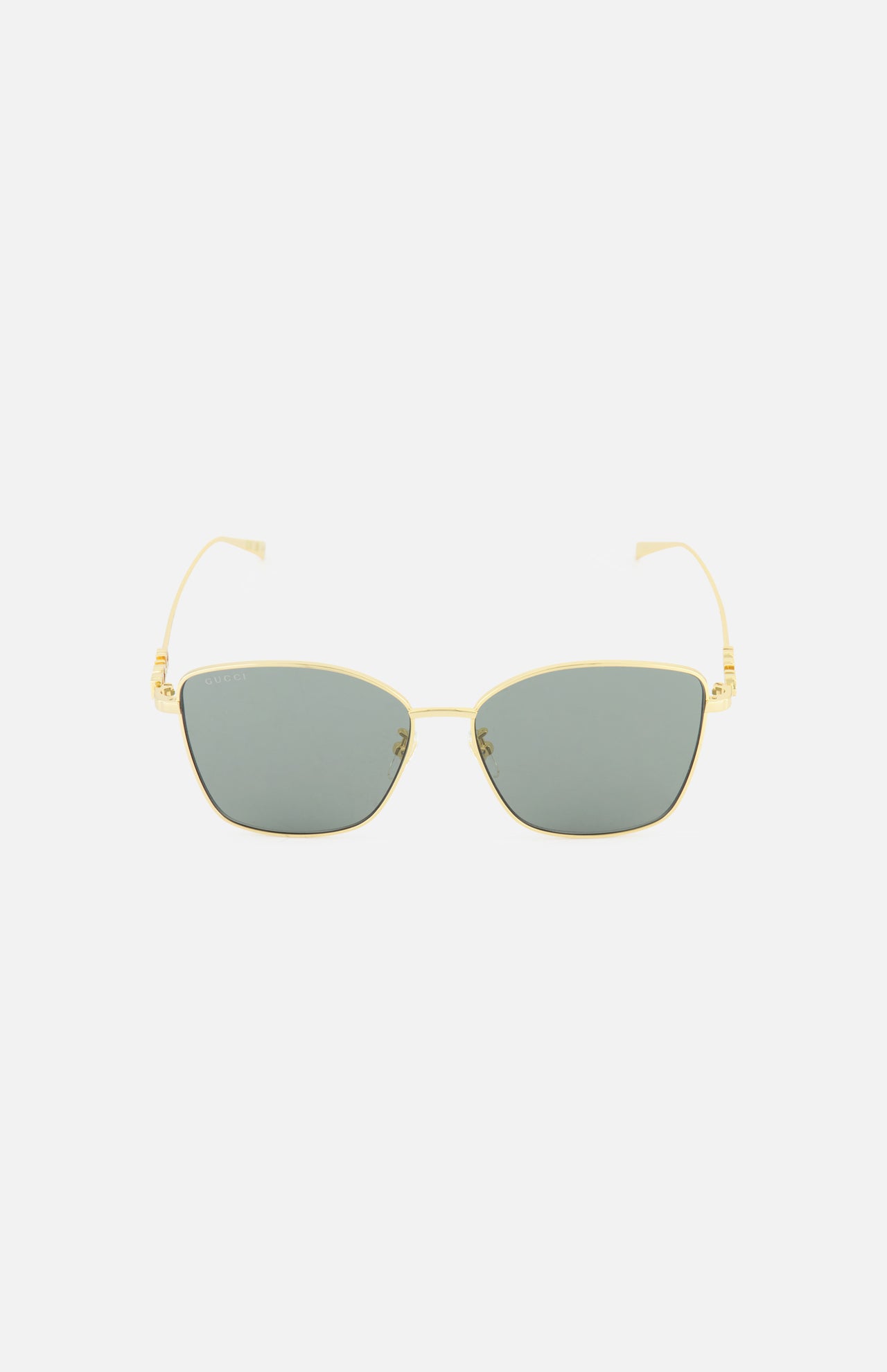 GUCCI Sunglasses with round gold-tone metal frames and gray-tinted lenses.