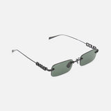 Gucci Rectangular Black Sunglasses by GUCCI feature a rimless design with dark green lenses, sleek black arms, and metallic branding on the temples, displayed on a white background.
