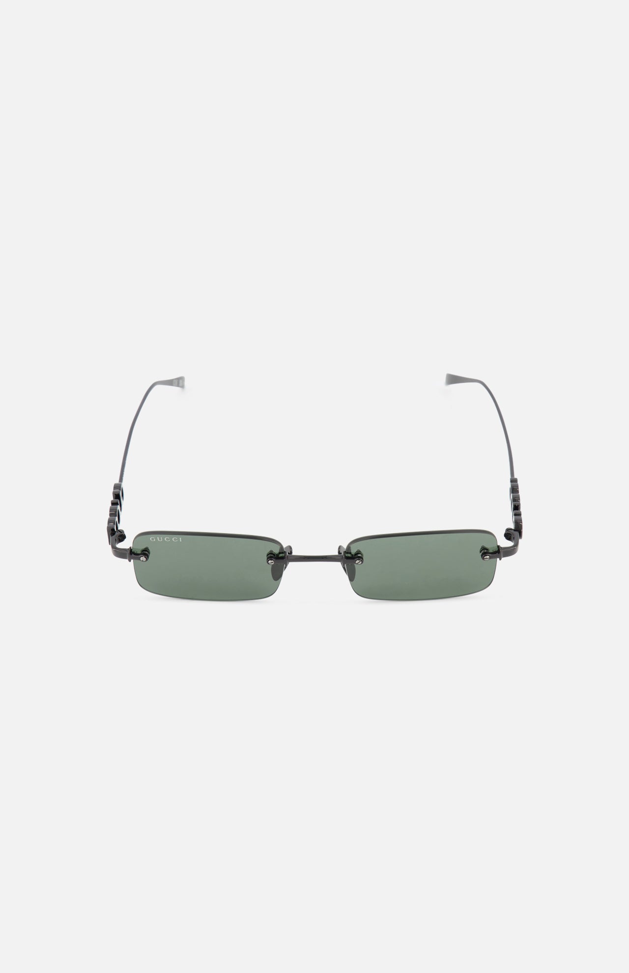 The Gucci Rectangular Black Sunglasses by GUCCI feature rimless green-tinted lenses and thin black arms, shown against a plain white background.