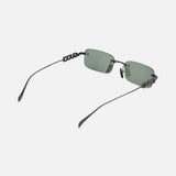 GUCCI Rectangular Black Sunglasses feature dark green lenses, thin metal arms, and chain-link details near the hinges for a modern elegance, shown on a light background.
