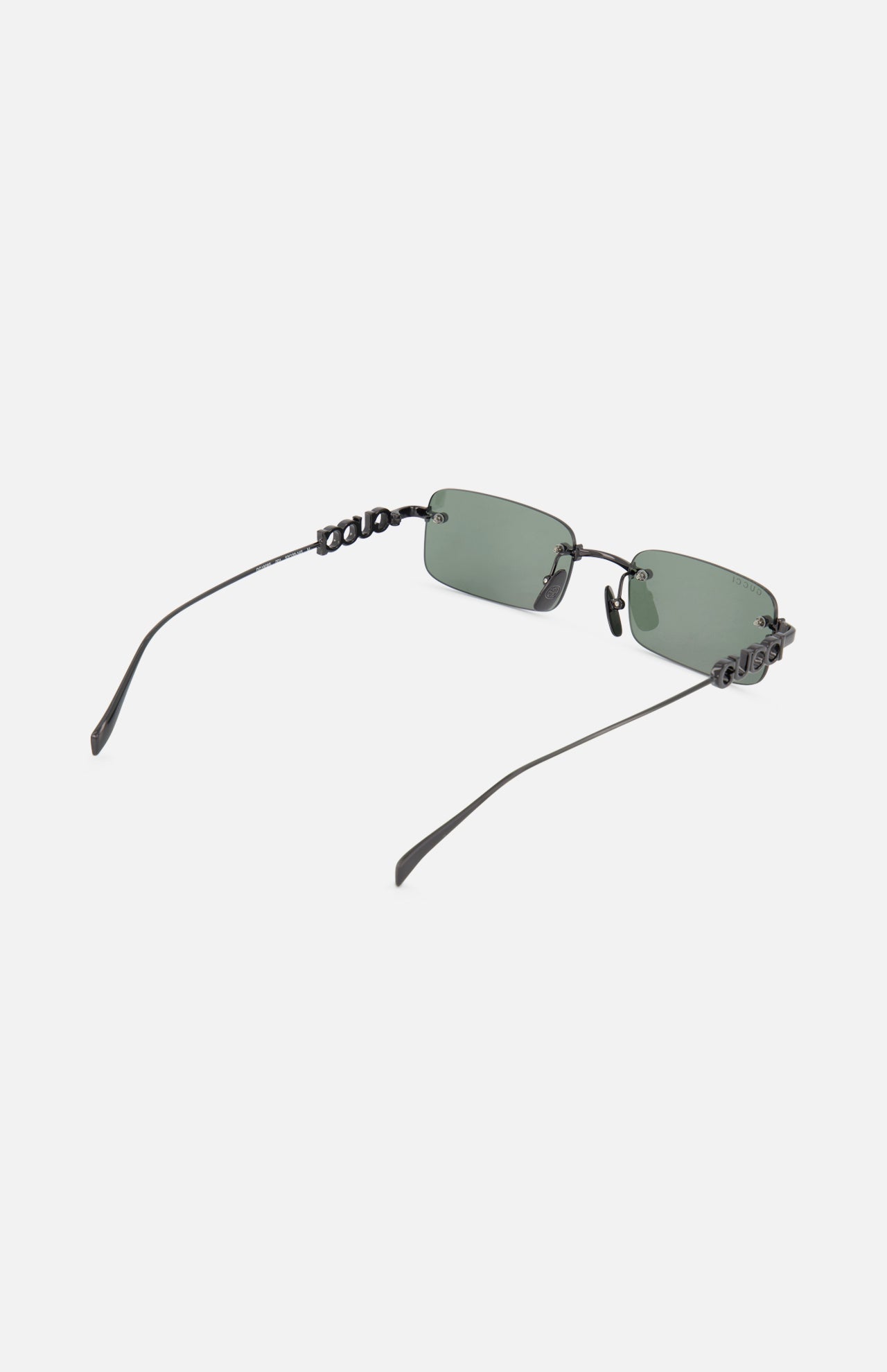 GUCCI Rectangular Black Sunglasses feature dark green lenses, thin metal arms, and chain-link details near the hinges for a modern elegance, shown on a light background.