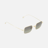 The GUCCI Square Gold Sunglasses feature thin metal frames and dark tinted lenses. Shown on a white background, these unisex sunglasses have delicate arms with rounded ends for a sleek, modern look.