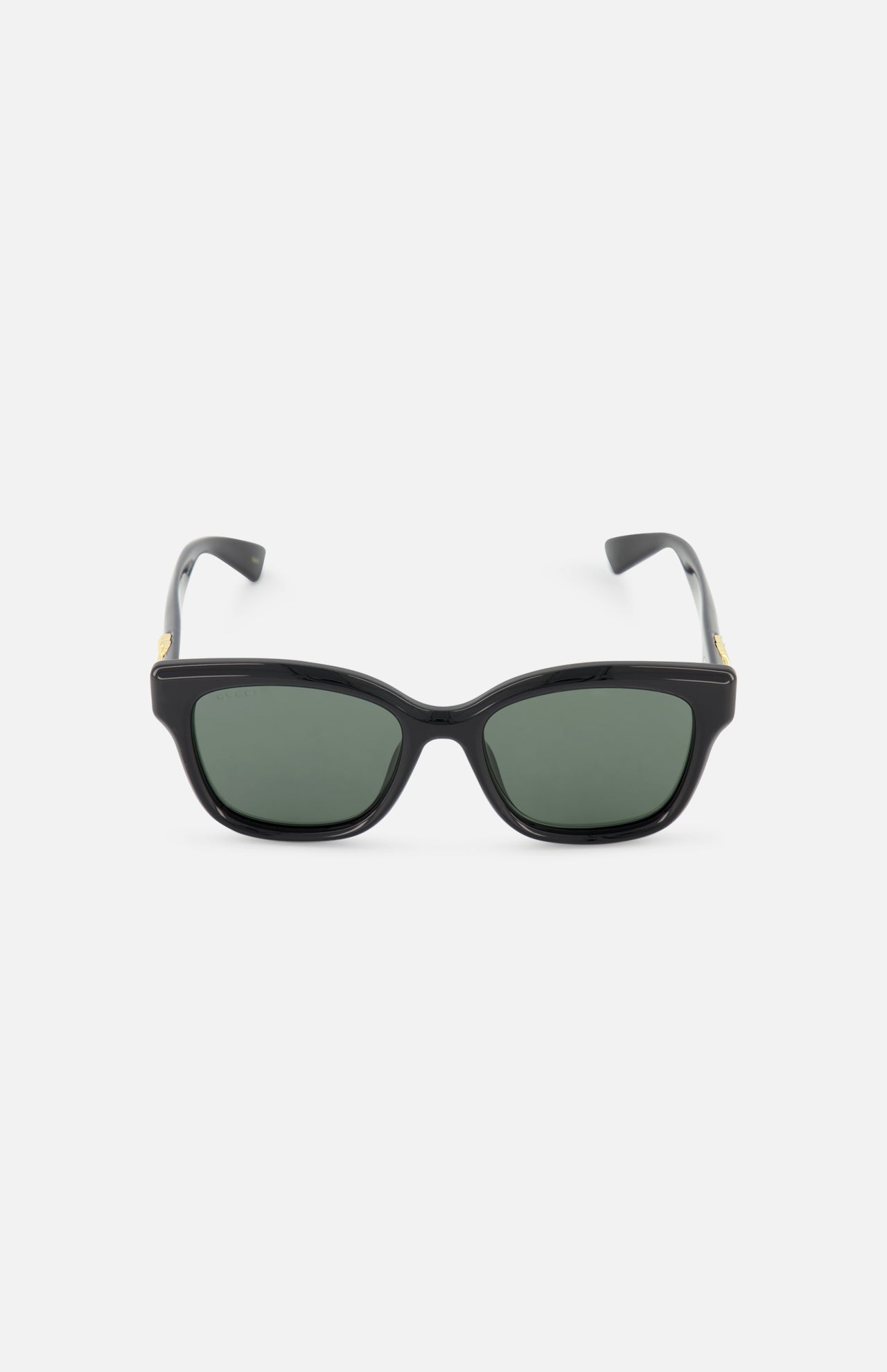 A pair of GUCCI Round Black Sunglasses with dark green lenses, displayed facing forward on a plain white background.