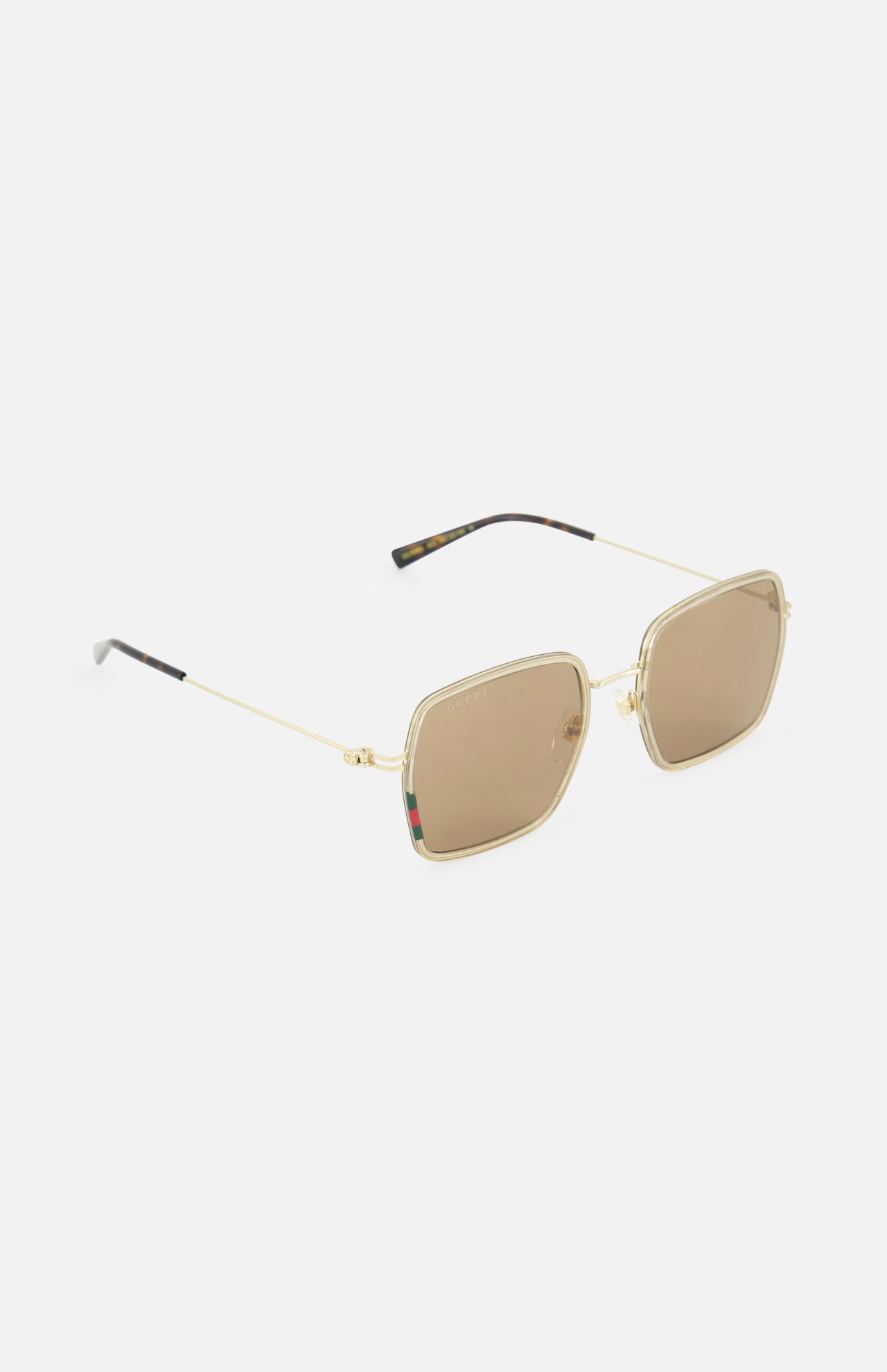 The GUCCI Square Gold Sunglasses feature a gold frame, brown lenses, and thin metal arms for a modern edge. Shown on a plain white background.