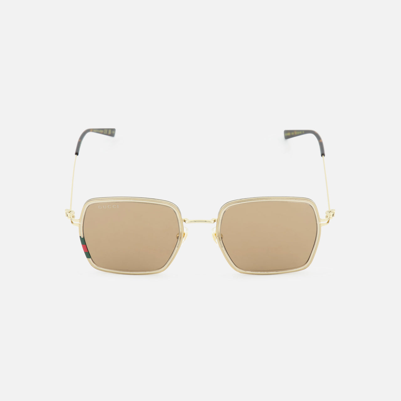 GUCCI Square Gold Sunglasses with a stylish square frame and transparent gold accents, featuring brown tinted lenses, are displayed on a plain white background.