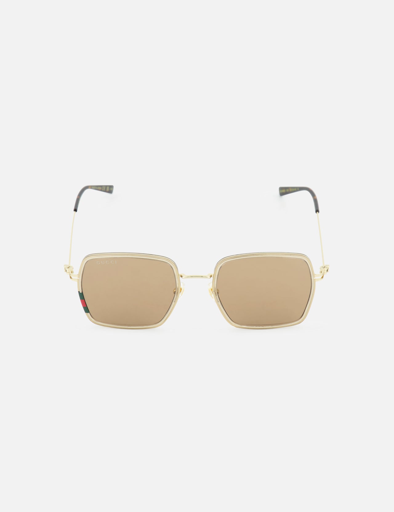 GUCCI Square Gold Sunglasses with a stylish square frame and transparent gold accents, featuring brown tinted lenses, are displayed on a plain white background.