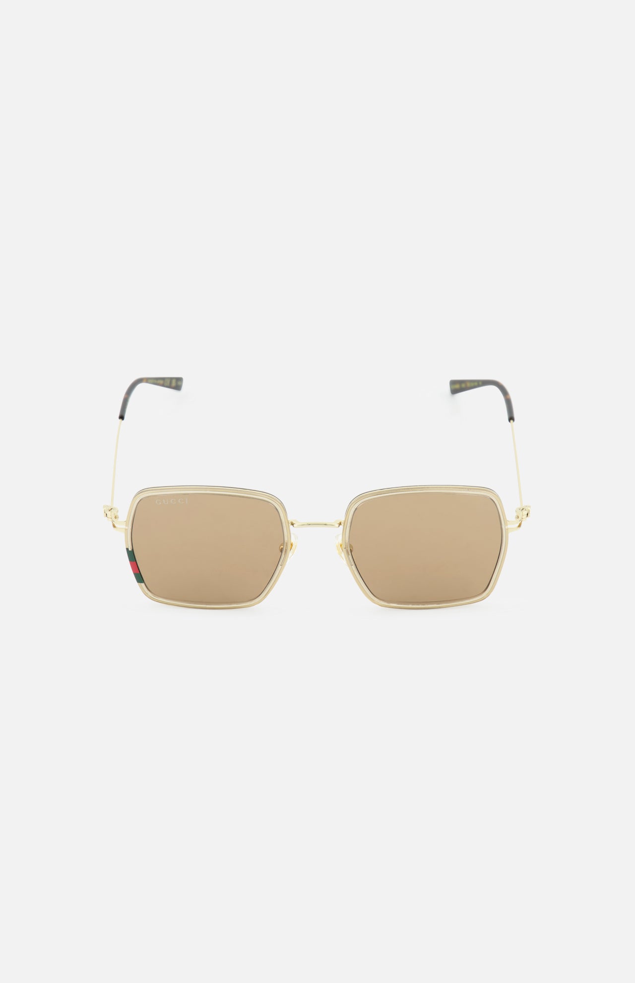 GUCCI Square Gold Sunglasses with a stylish square frame and transparent gold accents, featuring brown tinted lenses, are displayed on a plain white background.