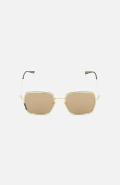 GUCCI Square Gold Sunglasses with a stylish square frame and transparent gold accents, featuring brown tinted lenses, are displayed on a plain white background.