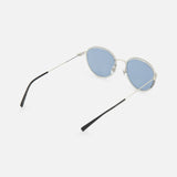 GUCCI Round Silver Sunglasses: Unisex design with blue-tinted round lenses, thin silver temples, and black tips, shown against a white background.