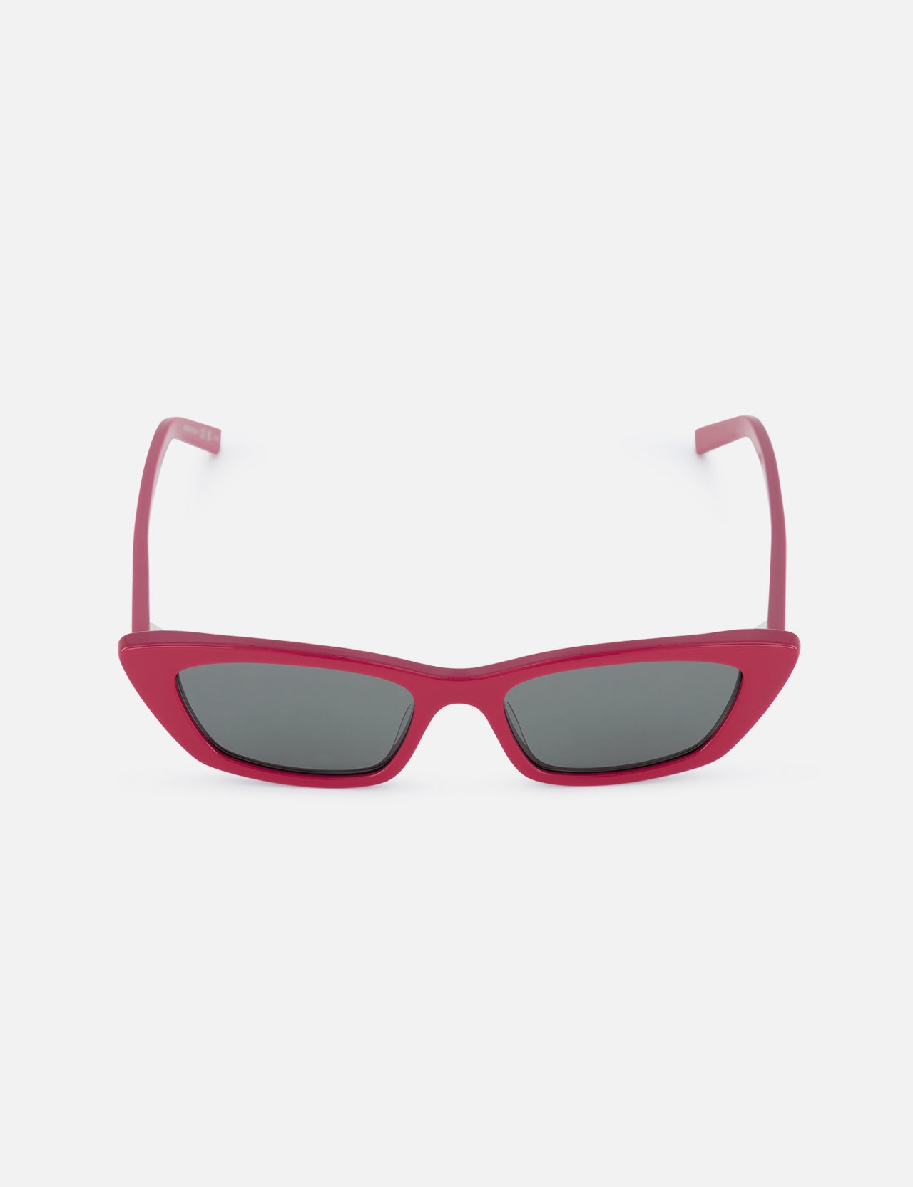 YVES SAINT LAURENT Cat Eye Red Sunglasses feature slim, angular frames with dark lenses. Shown against a plain white background, these modern sunglasses offer a fashionable look inspired by Italian design.