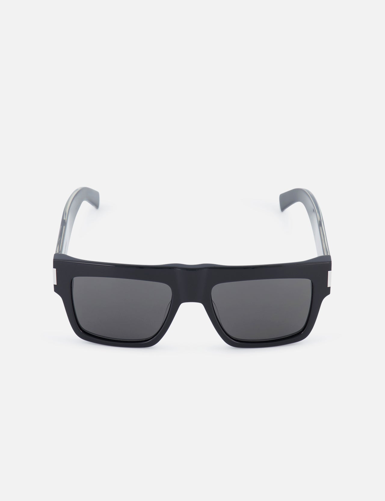 YVES SAINT LAURENT Square Black Sunglasses featuring grey lenses and thick temples, shown from the front on a plain white background.