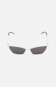 The YVES SAINT LAURENT Geometric Metal Gold Sunglasses feature slim rectangular frames, dark lenses, and black temple tips, shown against a plain white background.