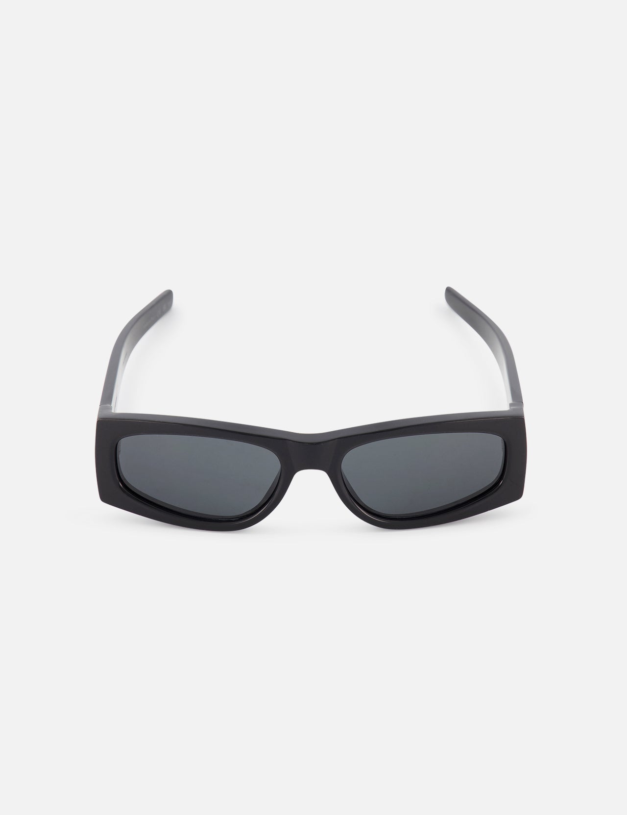 YVES SAINT LAURENT Angular Square Black Sunglasses with thick frames and dark lenses are showcased facing forward on a plain white background.