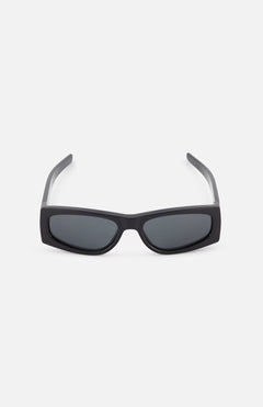 YVES SAINT LAURENT Angular Square Black Sunglasses with thick frames and dark lenses are showcased facing forward on a plain white background.