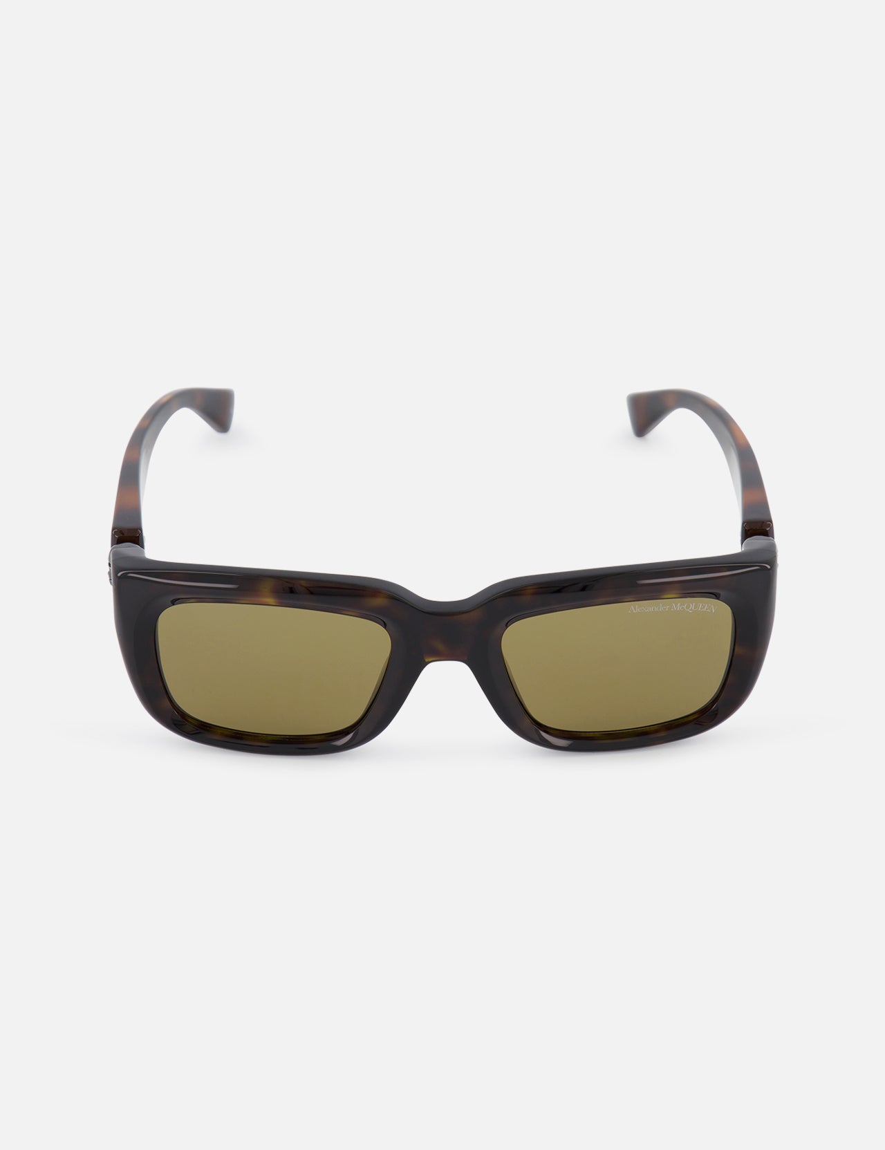 ALEXANDER MCQUEEN Sunglasses with a rectangular tortoiseshell frame and brown-tinted lenses, shown front-facing on a white background, offer a timeless designer look for any outfit.