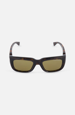 ALEXANDER MCQUEEN Sunglasses with a rectangular tortoiseshell frame and brown-tinted lenses, shown front-facing on a white background, offer a timeless designer look for any outfit.