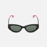 GUCCI Cat Eye Black Sunglasses: luxury black frames with dark lenses and curved pink arms, displayed on a white background.