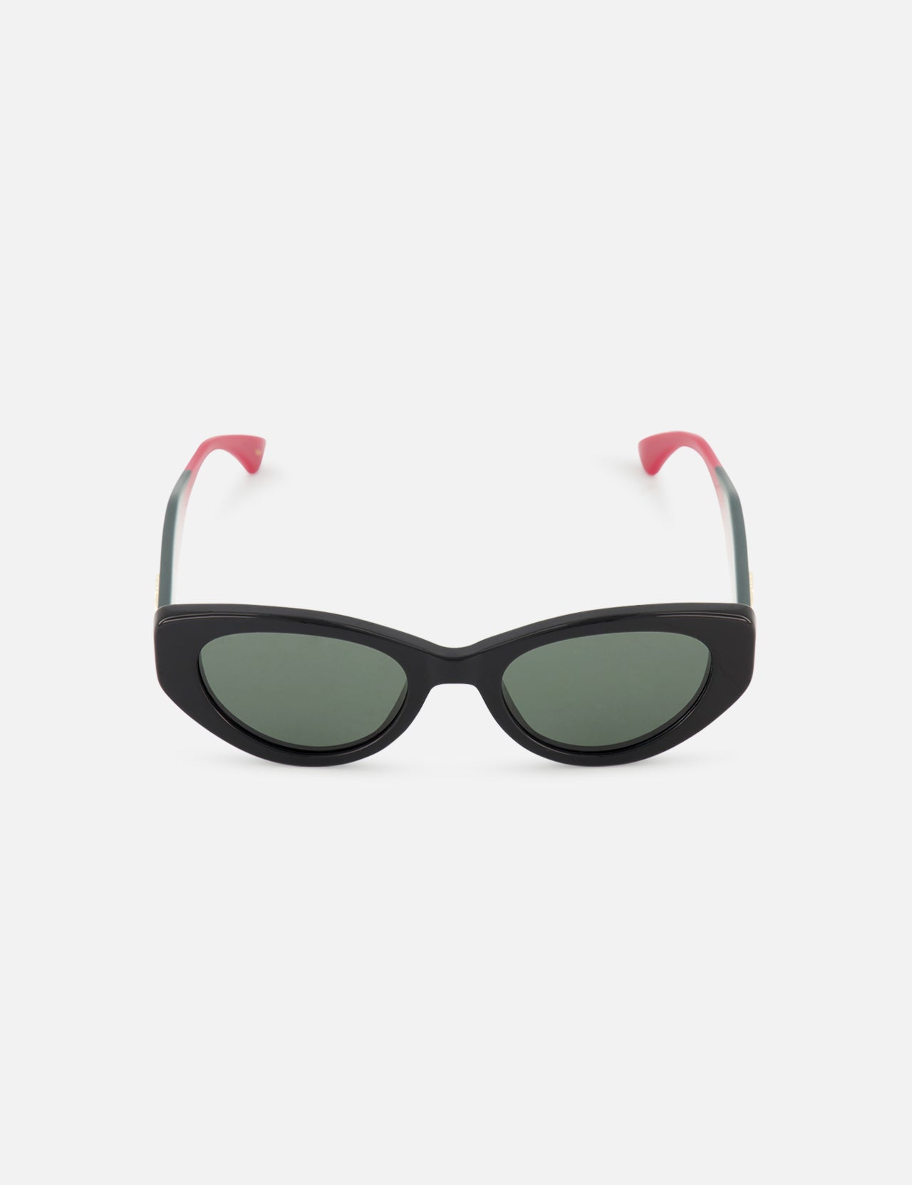 GUCCI Cat Eye Black Sunglasses: luxury black frames with dark lenses and curved pink arms, displayed on a white background.