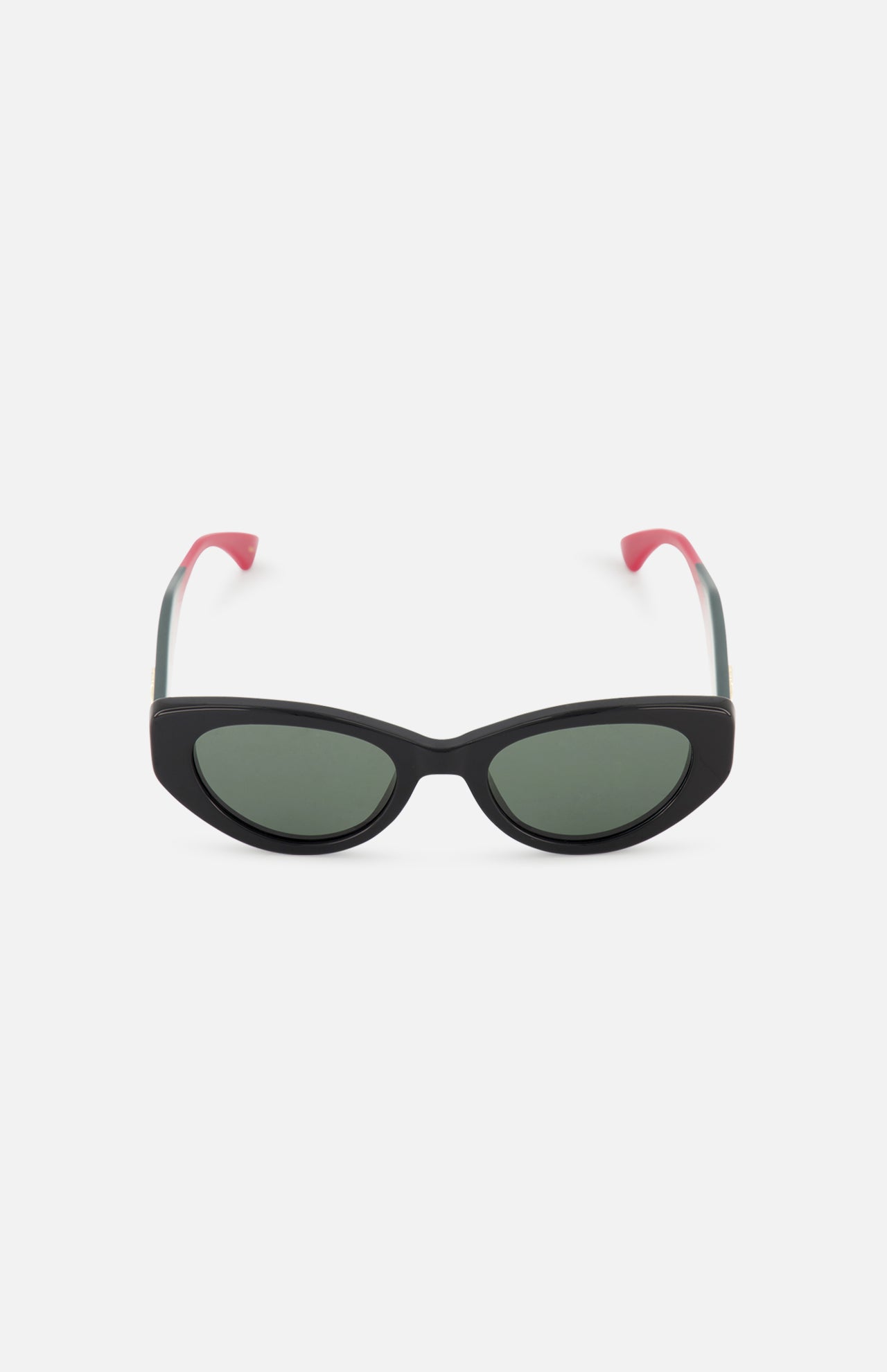GUCCI Cat Eye Black Sunglasses: luxury black frames with dark lenses and curved pink arms, displayed on a white background.