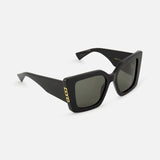 Gucci Butterfly Black Sunglasses by GUCCI feature retro-inspired square butterfly-shaped black frames, dark lenses, and a subtle gold logo on the temple, displayed against a plain white background.
