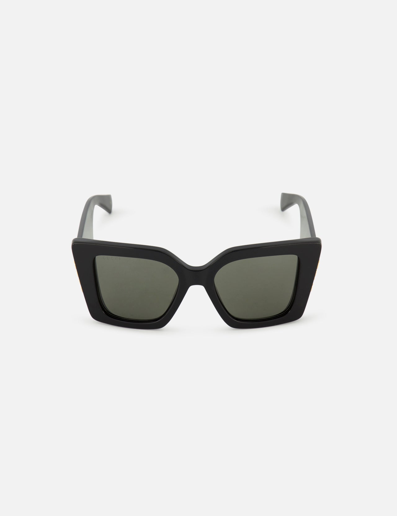 GUCCI Butterfly Black Sunglasses with thick, retro cat-eye frames and dark lenses are displayed facing forward on a plain white background.
