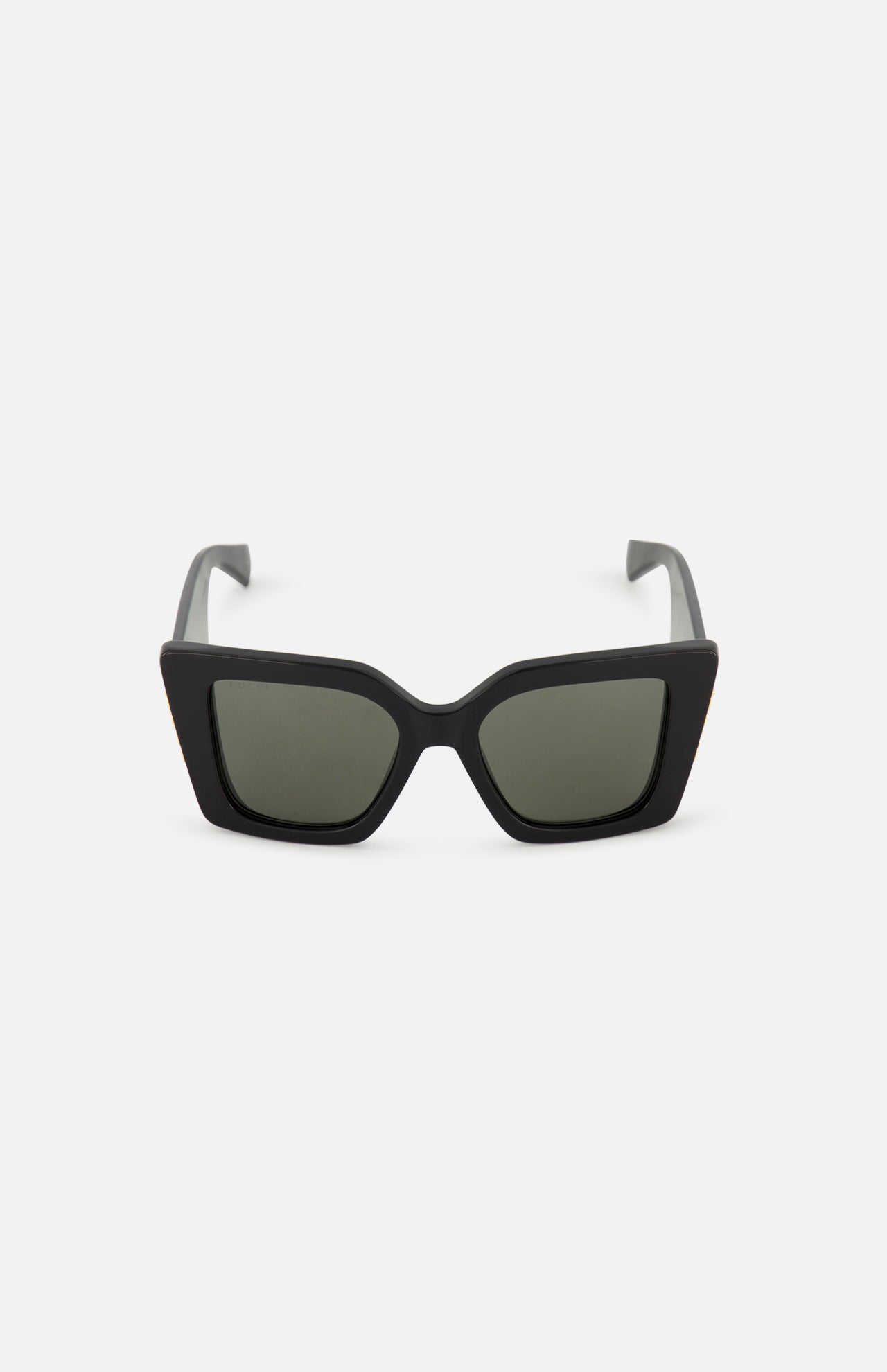 GUCCI Butterfly Black Sunglasses with thick, retro cat-eye frames and dark lenses are displayed facing forward on a plain white background.