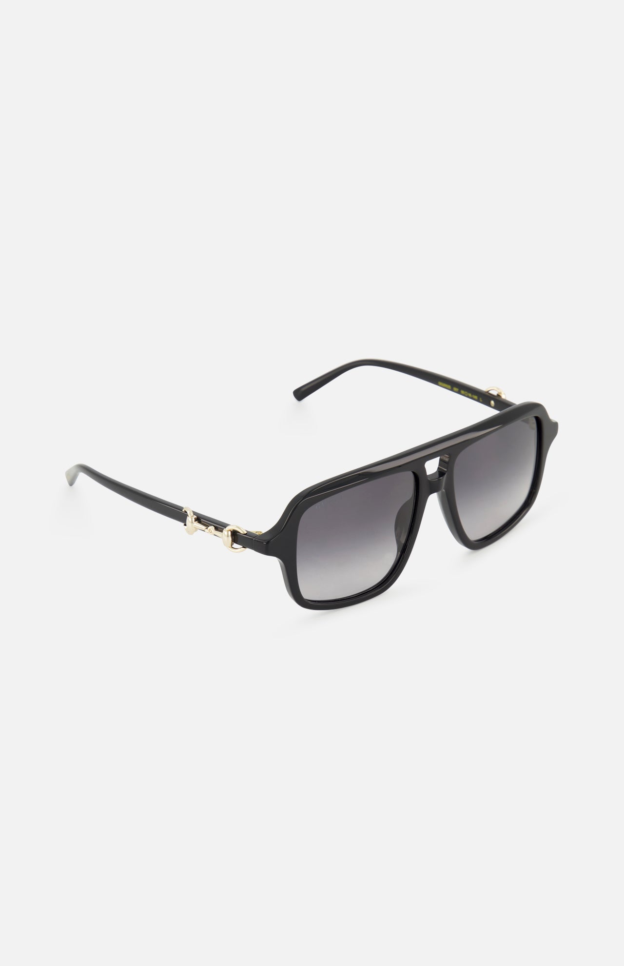 Gucci Aviator Black Sunglasses by GUCCI featuring gradient grey lenses and gold-tone horsebit detail on the temples, shown on a white background.