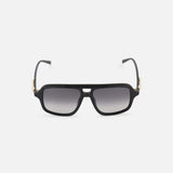 Gucci Aviator Black Sunglasses by GUCCI feature a rectangular black frame, gradient grey lenses, gold-tone horsebit hinge detail, and sleek black arms, shown on a plain white background.