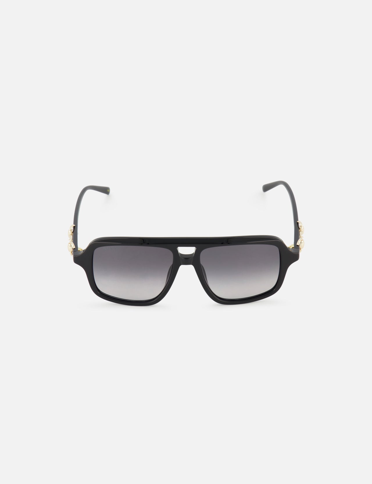 Gucci Aviator Black Sunglasses by GUCCI feature a rectangular black frame, gradient grey lenses, gold-tone horsebit hinge detail, and sleek black arms, shown on a plain white background.