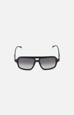 Gucci Aviator Black Sunglasses by GUCCI feature a rectangular black frame, gradient grey lenses, gold-tone horsebit hinge detail, and sleek black arms, shown on a plain white background.