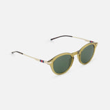 Gucci Round Brown Sunglasses by GUCCI feature thin gold frames, green lenses, and red, white, and blue detailing near the hinges. Stylishly designed with round frames, these sunglasses are set against a plain white background.